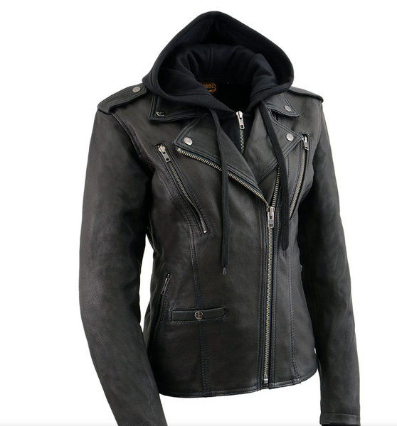 Vented Leather Jacket with Removable Hoodie