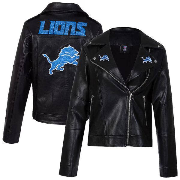 Cuce Black Detroit Lions Vegan Leather Moto Jacket with Rhinestones