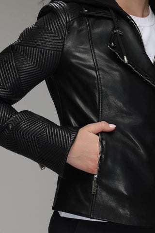 Biker Leather Jacket with Removable Hood - jnjjackets