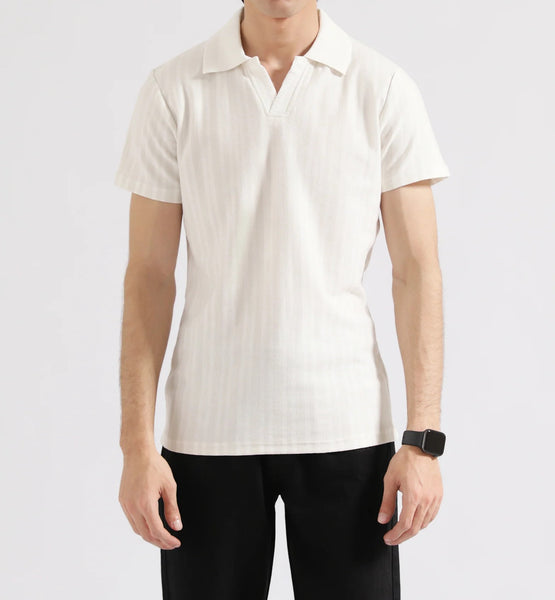 Textured Striped Johnny Collar Polo