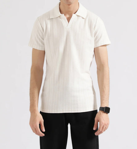 Textured Striped Johnny Collar Polo – Smart Casual T-Shirt - jnjjackets