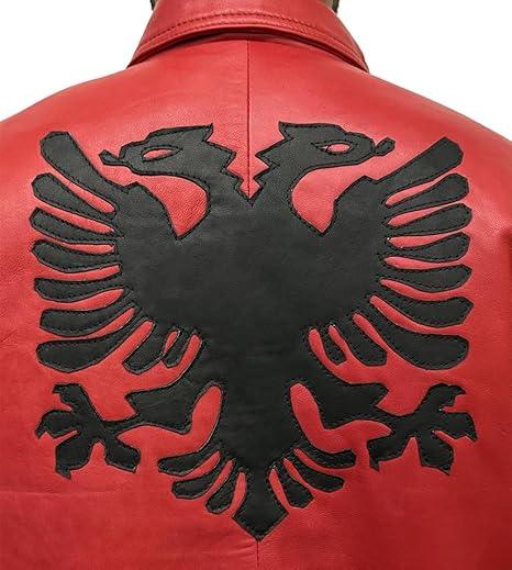 Mens Drakes Albanian Flag Red Leather Varsity Jacket - jnjjackets