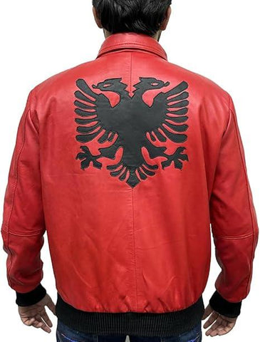 Mens Drakes Albanian Flag Red Leather Varsity Jacket - jnjjackets