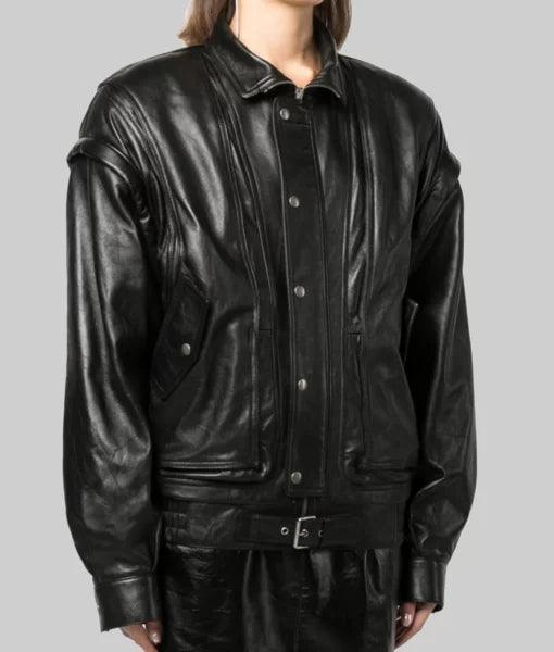 Bella Hadid Detachable Black Leather Jacket - JnJ Jackets