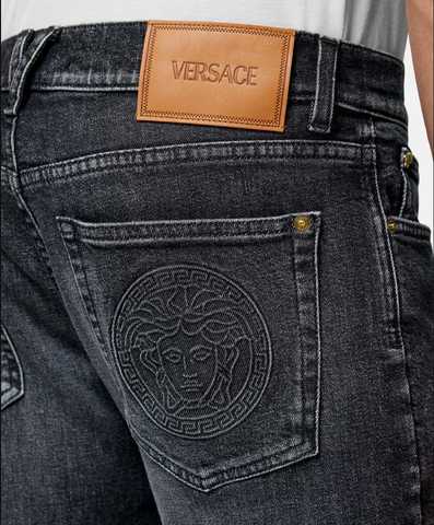 Embroidered Medusa Slim-Fit Jeans – Iconic Style with a Tailored Edge