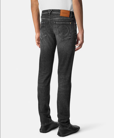 Embroidered Medusa Slim-Fit Jeans – Iconic Style with a Tailored Edge