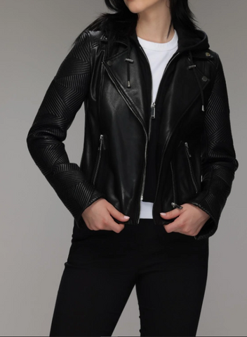 Biker Leather Jacket with Removable Hood - jnjjackets