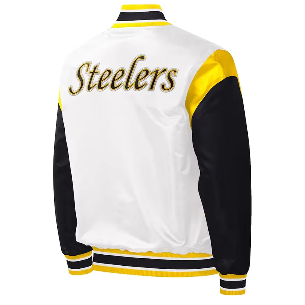 Pittsburgh Steelers Throwback Warm Up Pitch Black/White Varsity Satin Jacket