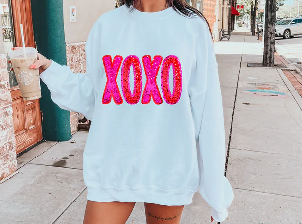 Sparkly XOXO Valentines Adult Crewneck Pullover Sweatshirt