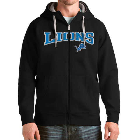 Person wearing a black hoodie with 'LIONS' printed on it against a white background