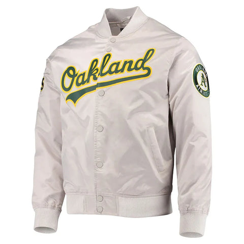 Wordmark Oakland Athletics Bomber Silver Satin Jacket