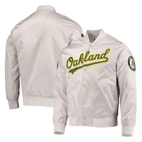 Wordmark Oakland Athletics Bomber Silver Satin Jacket