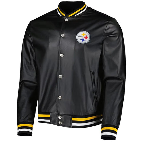 Black Pittsburgh Steelers Metallic Full-Snap Leather Jacket