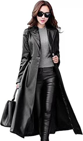 Womens PU Leather Trench Coat Long Jacket