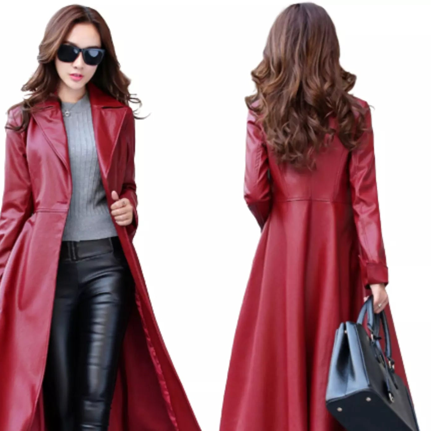 Womens PU Leather Trench Coat Long Jacket