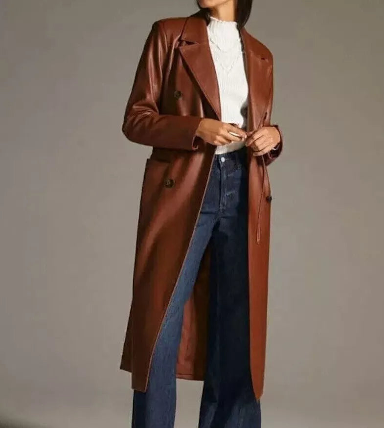 Real Lambskin Leather Trench Coat Long Jacket