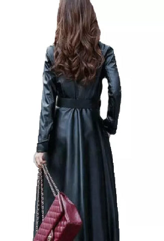 Womens PU Leather Trench Coat Long Jacket