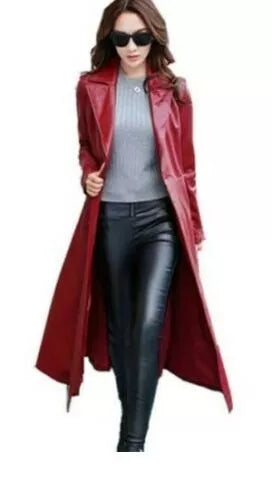 Womens PU Leather Trench Coat Long Jacket