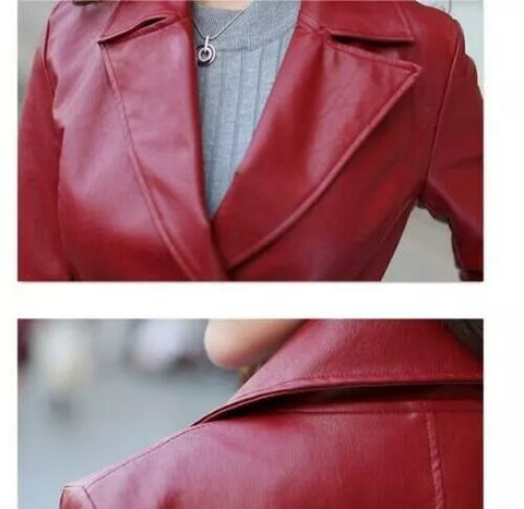 Womens PU Leather Trench Coat Long Jacket