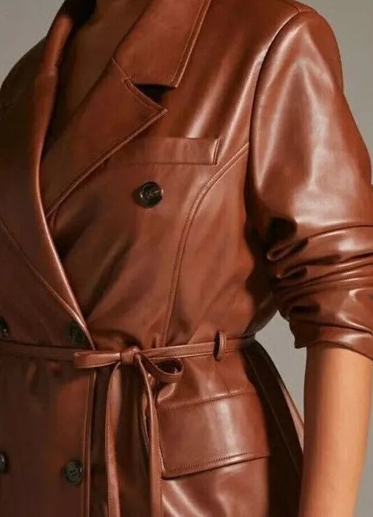 Real Lambskin Leather Trench Coat Long Jacket