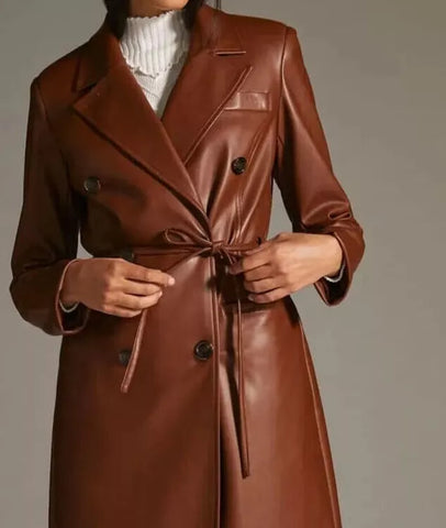 Real Lambskin Leather Trench Coat Long Jacket