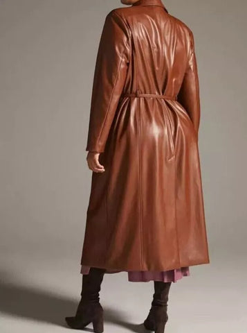 Real Lambskin Leather Trench Coat Long Jacket