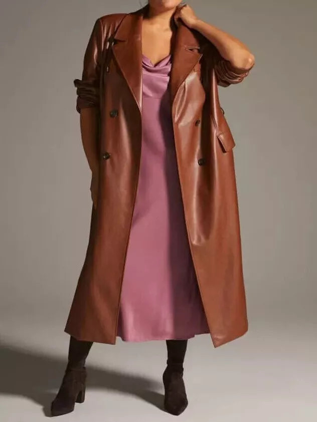 Real Lambskin Leather Trench Coat Long Jacket