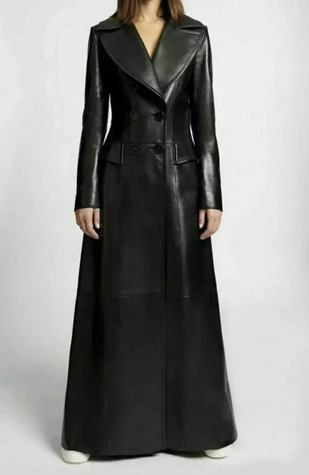 Winter Full Length Genuine Lambskin Leather Trench Coat