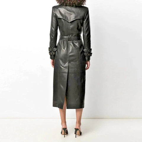 Genuine Lambskin Leather Trench Button Down Bleted Coat - jnjjackets