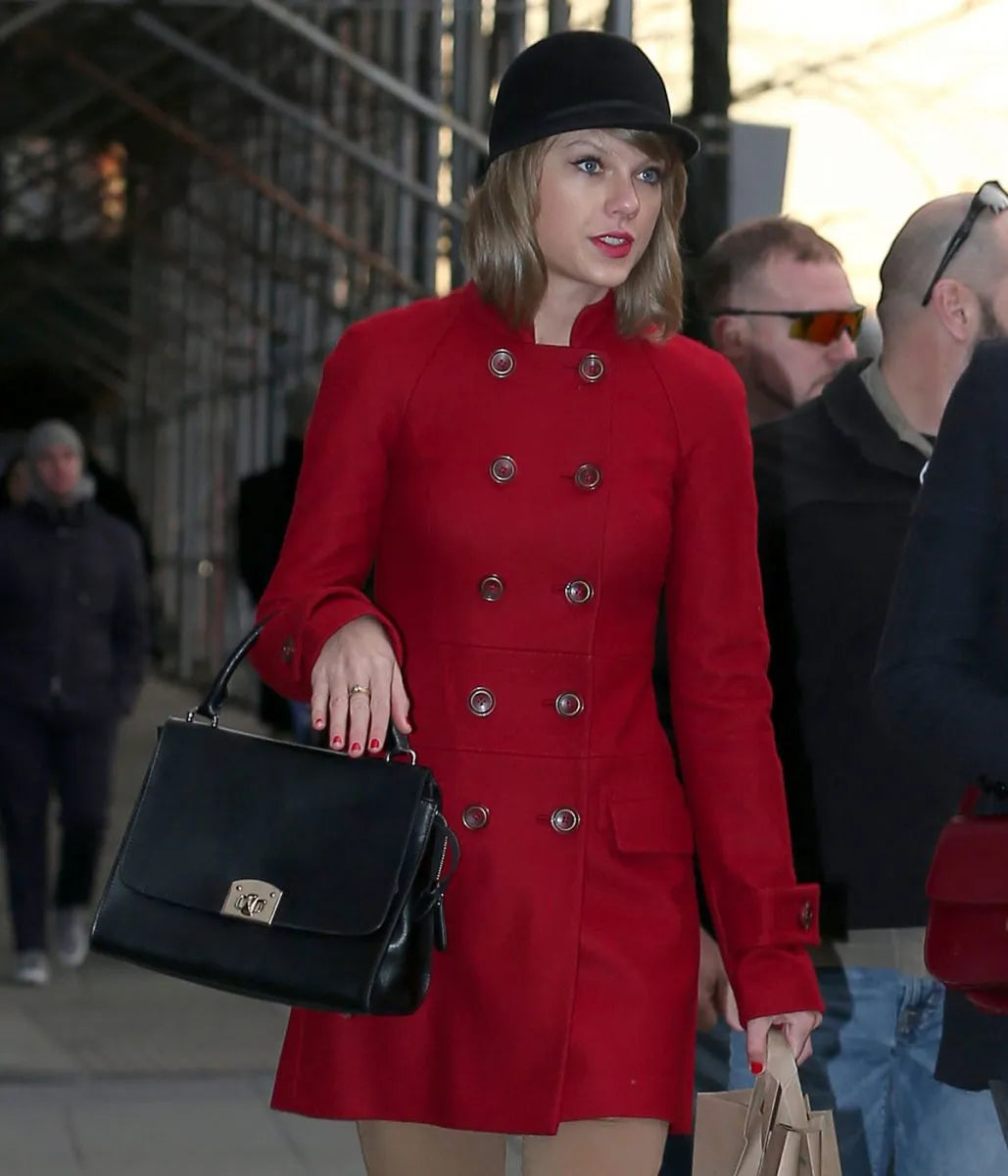 Red Taylor Swift Double Breasted Mid Length Wool Coat - JnJ Jackets