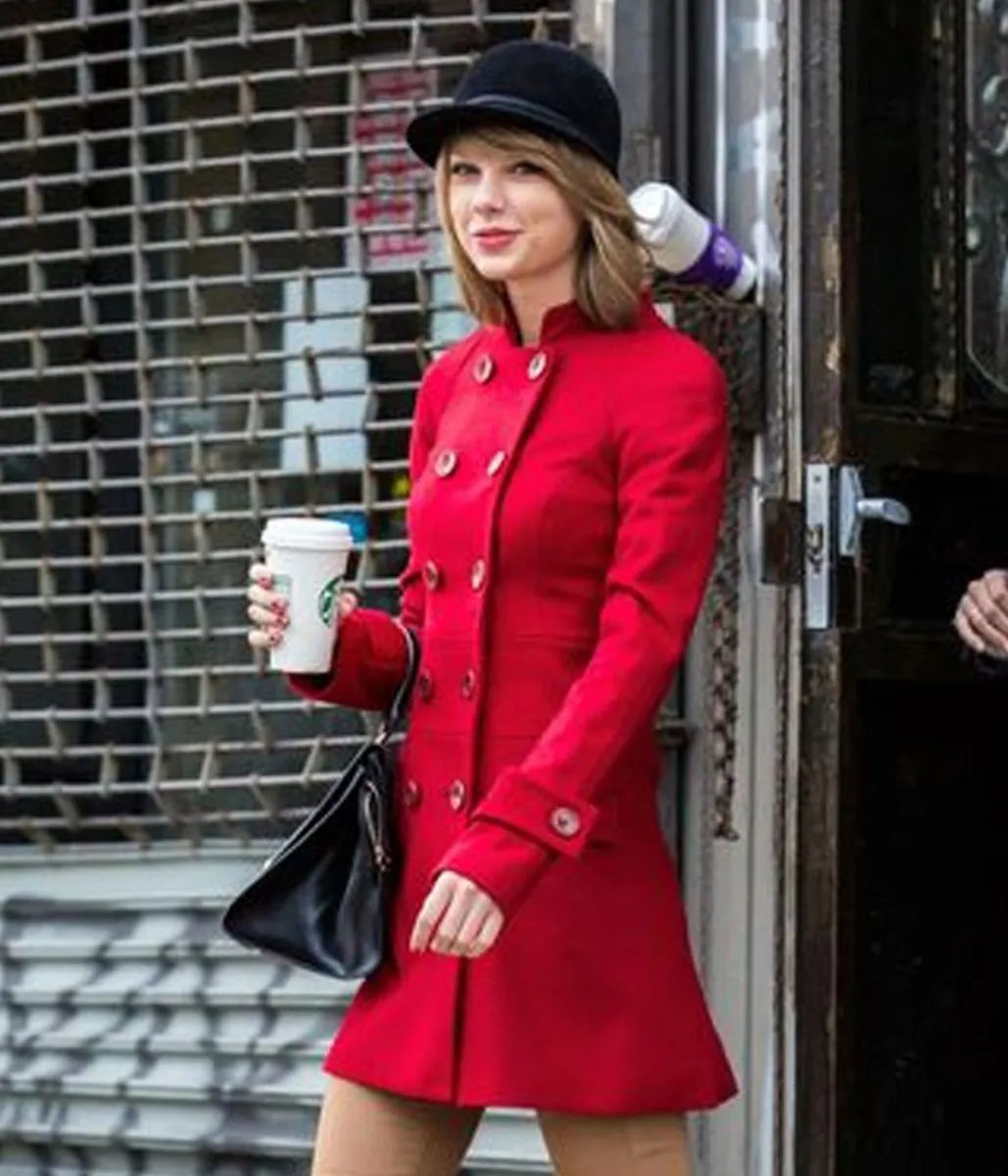 Red Taylor Swift Double Breasted Mid Length Wool Coat - JnJ Jackets