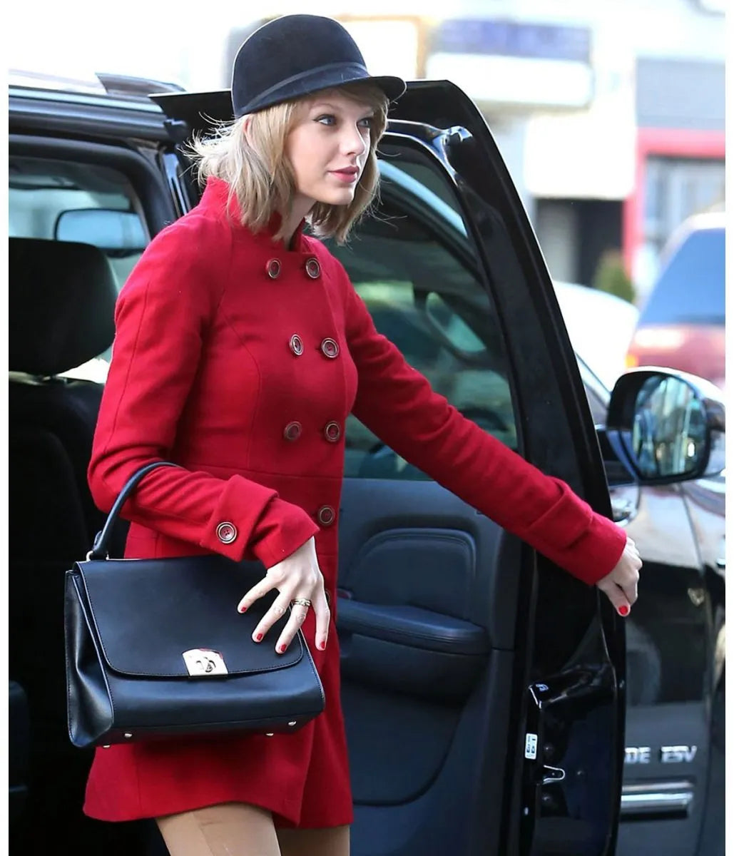 Red Taylor Swift Double Breasted Mid Length Wool Coat - JnJ Jackets