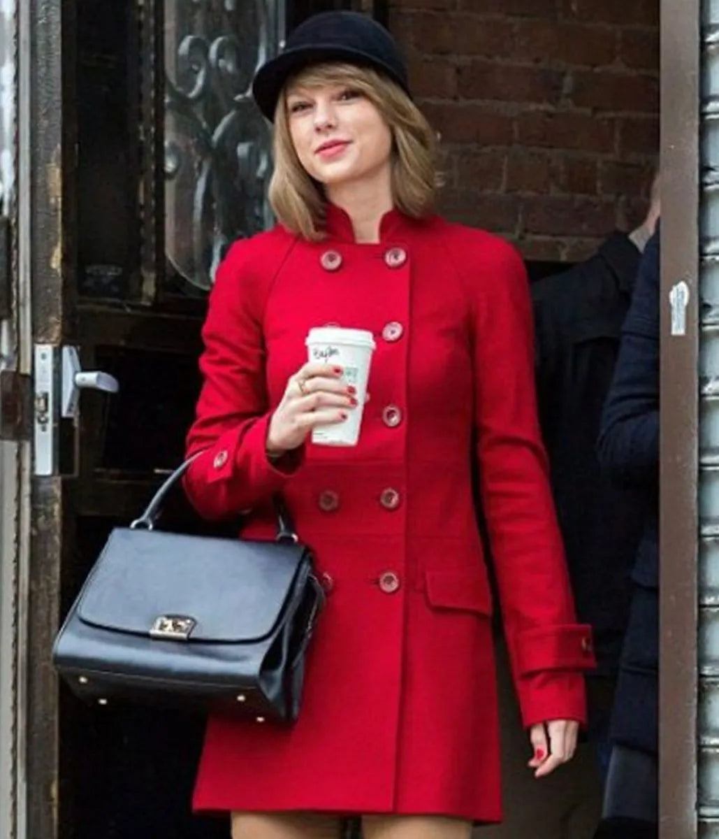 Red Taylor Swift Double Breasted Mid Length Wool Coat - JnJ Jackets