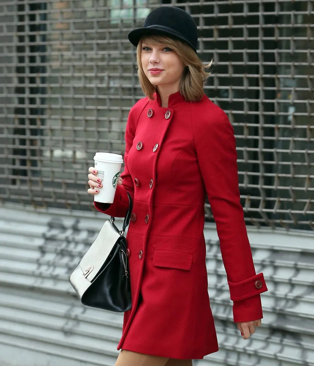 Red Taylor Swift Double Breasted Mid Length Wool Coat - JnJ Jackets