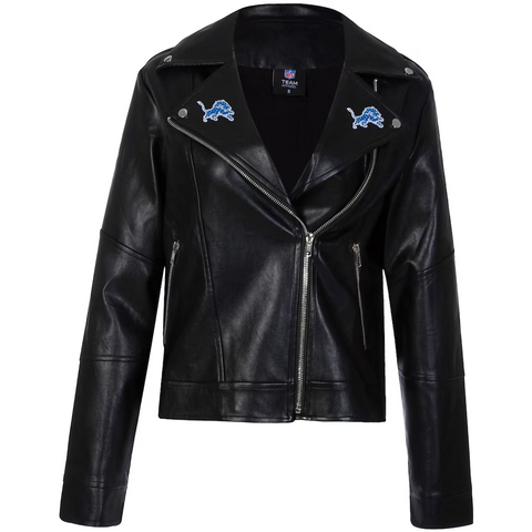 Cuce Black Detroit Lions Vegan Leather Moto Jacket with Rhinestones - Jackets - ["Cuce Black Detroit Lions Vegan Leather Moto Jacket","Cuce Black Detroit Lions Vegan Leather Moto Jacket with Rhinestones","Cuce Detroit Lions Vegan Leather Moto Jacket with Rhinestones"]